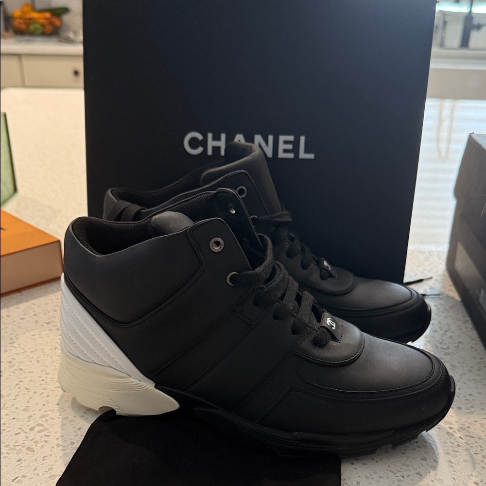 CHANEL Men's Black and White High-Top Sneakers